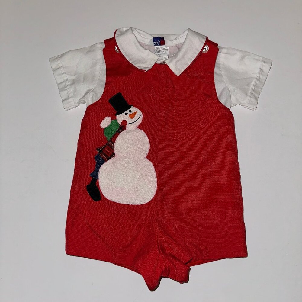 Vintage Boys 12M Red Romper White Shirt APPLIQUED SNOWMAN Outfit Good Lad USA